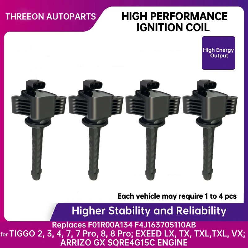 

For CHERY TIGGO MODEL KAIYI MODEL 1.5T 1.5L SQRE4G15C ENGINE 1/4pcs THREEON Ignition Coil IC2400 F01R00A134 F4J163705110AB