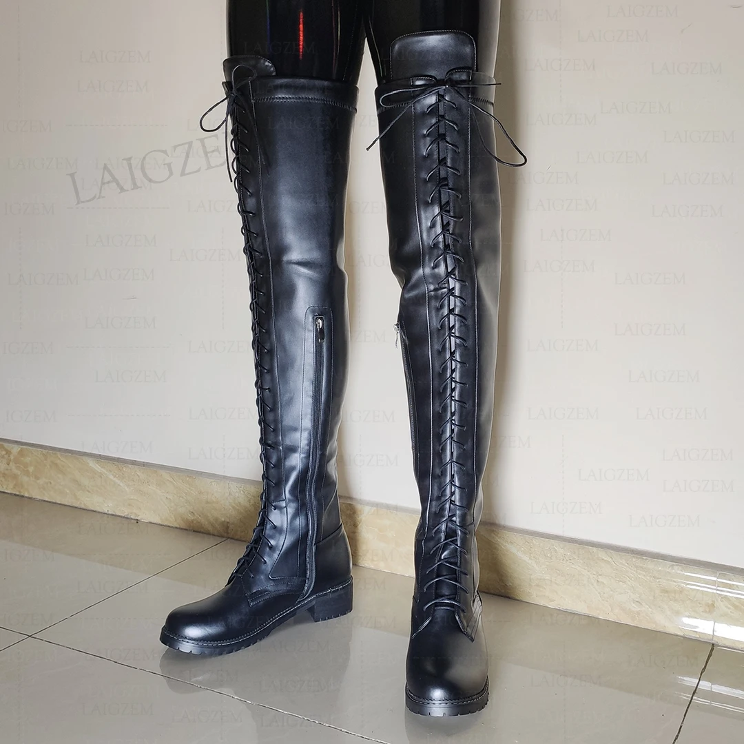 LAIGZEM Women Over Knee Boots Round Toe Side Zip Shoes Lace Mid Heels Tall Boots Unisex Shoes Woman Plus Big Size 41 42 44 46 50