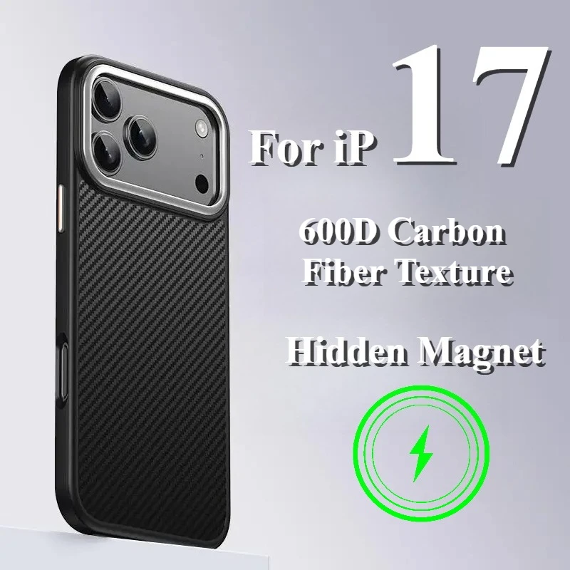 

Текстура из углеродного волокна 600D для чехла Magsafe для IPhone 17 Pro Max 17 Air 16 15 Plus с магнитной беспроводной зарядкой и металлической крышкой объектива