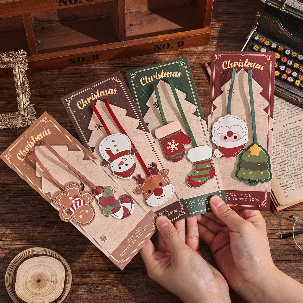 1 Pack Santa Claus Bookmark PU Leather with Snowman Christmas Tree For Book Lovers Students 2-in-1 Page Marker Bag Decor - view 2