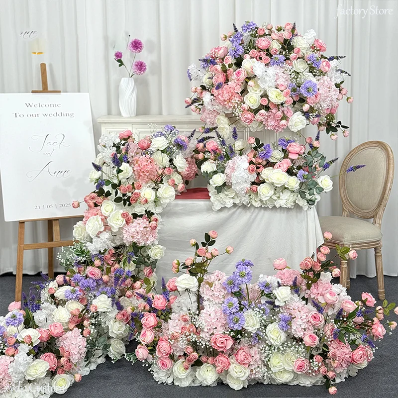 Rosa-Lila-Serie Künstliche Rosenblumen Party-Wegeleiste Blumenreihe Hochzeits-Hintergrund-Dekoration Tisch-Mittelstücke Blumenball – Detail 1