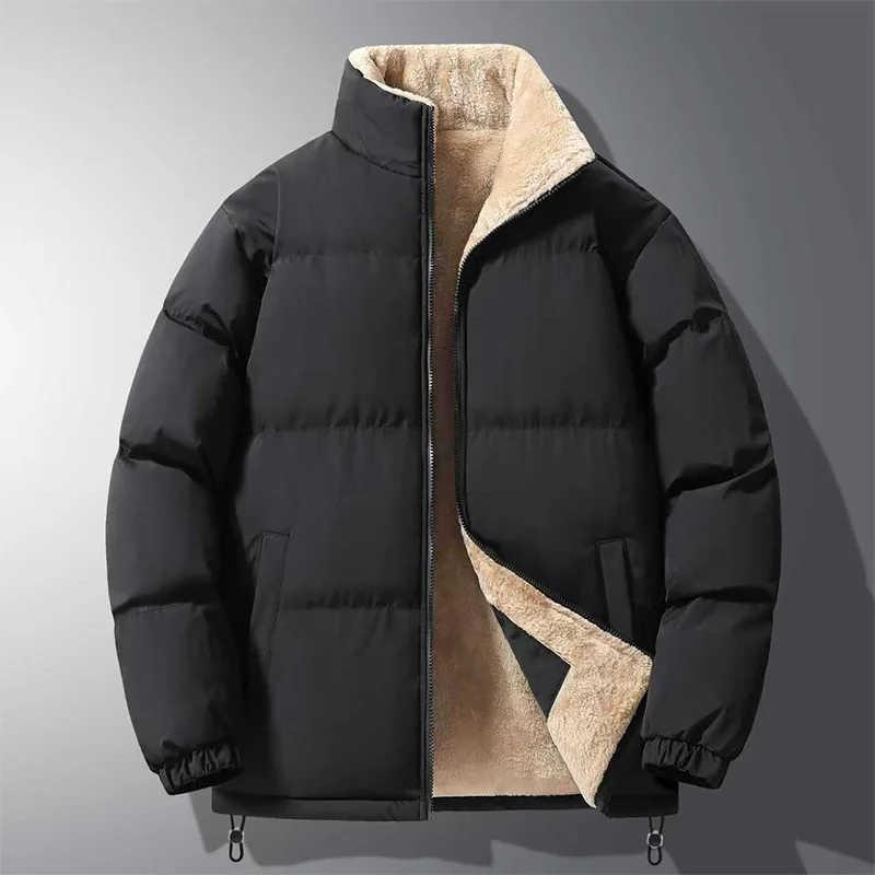 

Autumn and Winter Stand-Up Collar Fleece-Lined Cotton Jacket, Black Lamb Wool Lining, Thickened for Warmth and Cold Resistance, Slimming, Simple and Versatile, Unisex, Suitable for Daily Commuting and Street Fashion