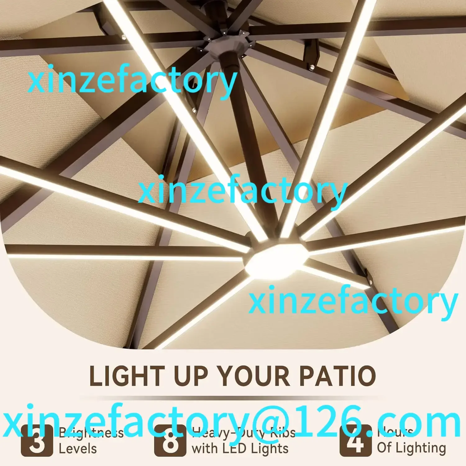 Anpassbarer freitragende Terrassenschirm für den Außenbereich mit LED, groß, robust, 360° °   Rotation