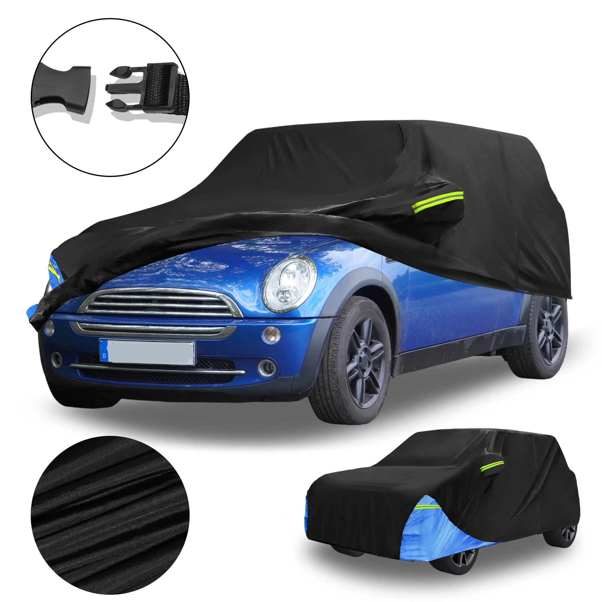 

Motoforti водонепроницаемый автомобильный чехол для автомобиля на открытом воздухе, полный автомобильный чехол для Mini Cooper 2DR 2002-2021 210DBчерный синий с дверной молнией
