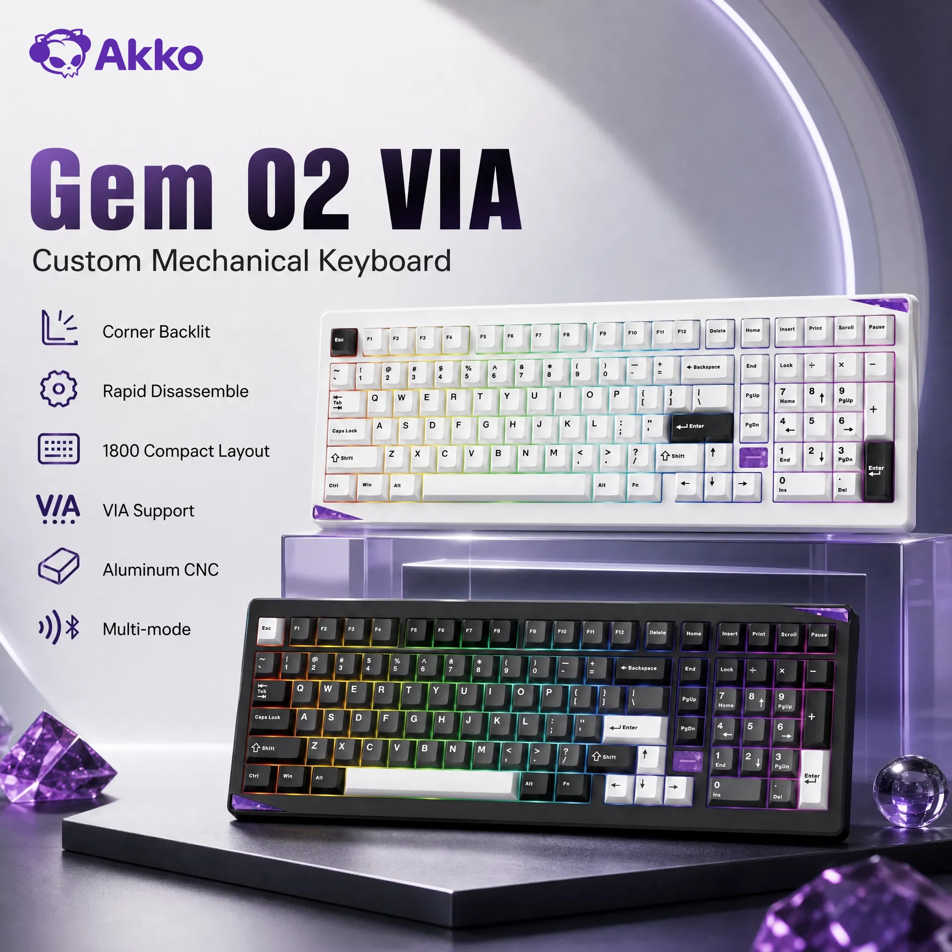 Akko Gem 02 VIA Custom Mechanical Keyboard 1800 Compact Layout with Corner RGB Tri-mode Keyboard Rapid Disassemble Aluminum CNC