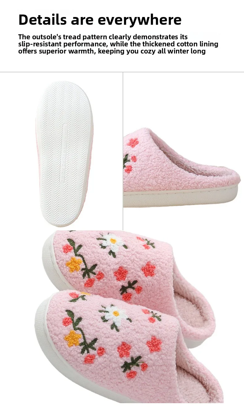 Neue Winter-Hausschuhe für Damen, Mädchen, Modische Blumen-Hausschuhe, Weiche Flache Sandalen für Paare, Herren-Weihnachts-Flip-Flops – Detail 11