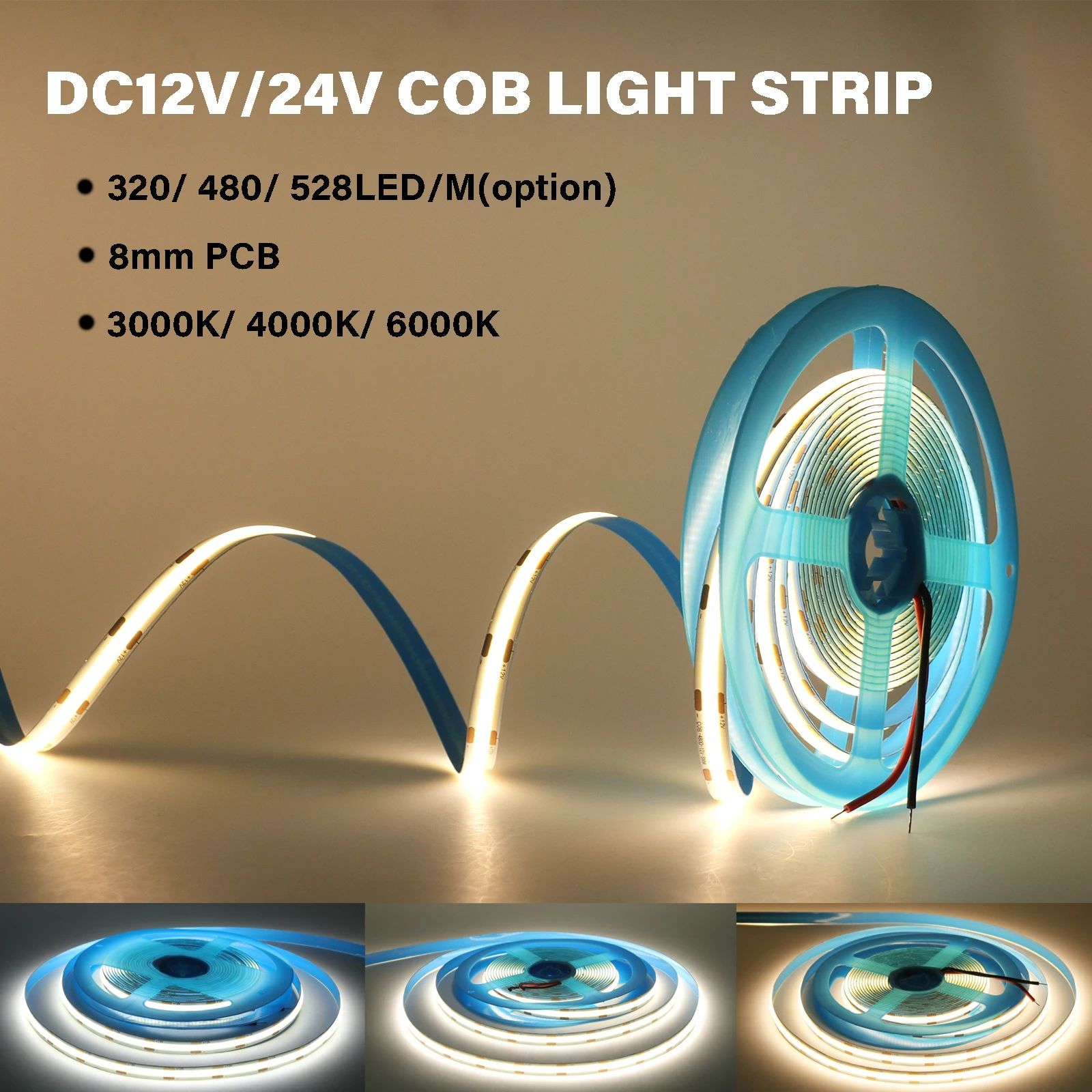 

DC 12V 24V 8mm PCB COB LED Strip Light 320 480 528LEDs/m High Density Linear Lighting RA90 Warm Natural White for Decor Lighting