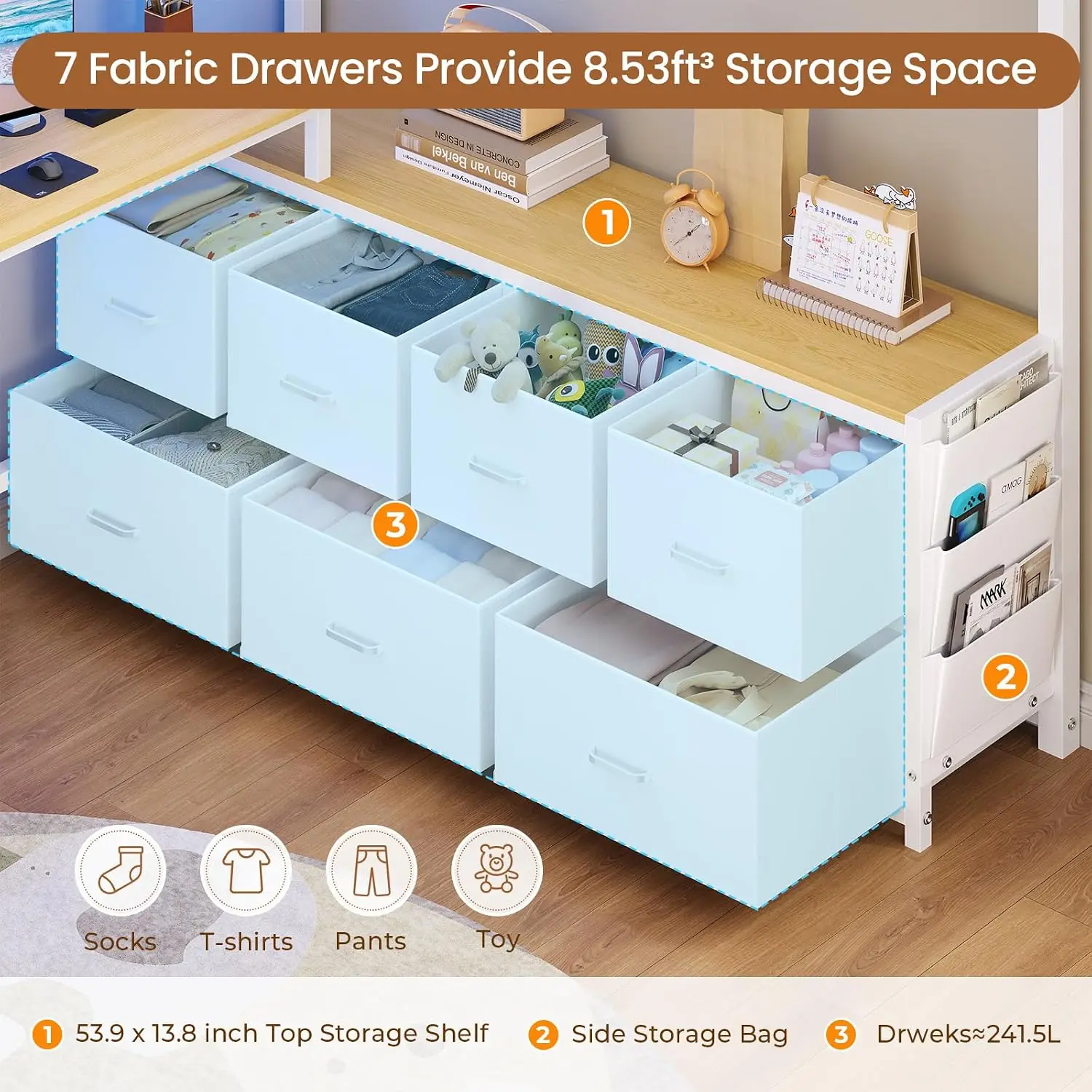 Loft Bed Full Size with U-Shaped Desk,7 Storage Drawers and Charging Station,Metal Full Loft Bed with Led Lights, Customized image 6
