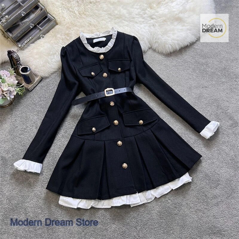 

Korean style slim temperament stand collar ladies high sense dress women's autumn and winter new fashion college style skirt.