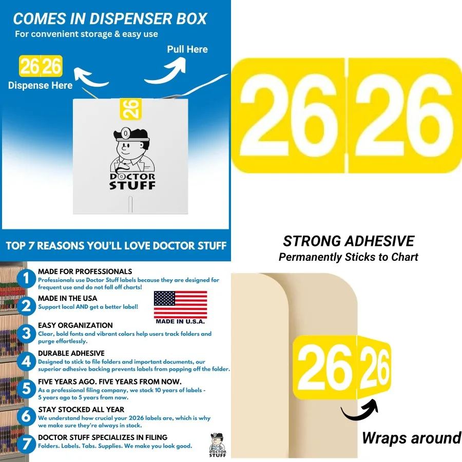 

2026 Year Stickers for Medical and Office Organization Yellow Color-Coded Ames/TAB Style Labels USA Made 500 Stickers per Roll
