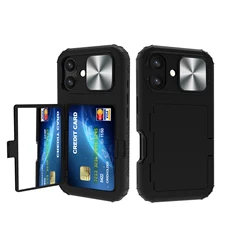 Hybrid Three Layer Hidden Mirror Card Holder Wallet Case For iPhone 16 Plus 16Pro Max, Stand Slide Camera Protection Cover Funda