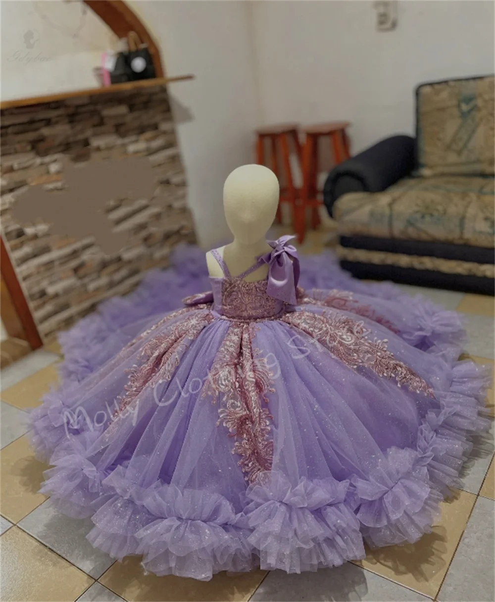 Custom Luxury Flower Girl Dress 2026 Puffy Train Embroidered Princess Wedding Birthday Ball Gown for Sweet Little Princess