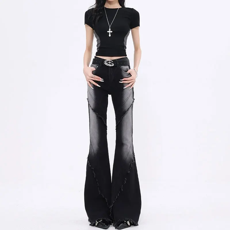 

Модные джинсы из чистого хлопка с граффити для женщин, слегка расклешенные брюки с бахромой, тонкие, слегка эластичные расклешенные джинсы, женские