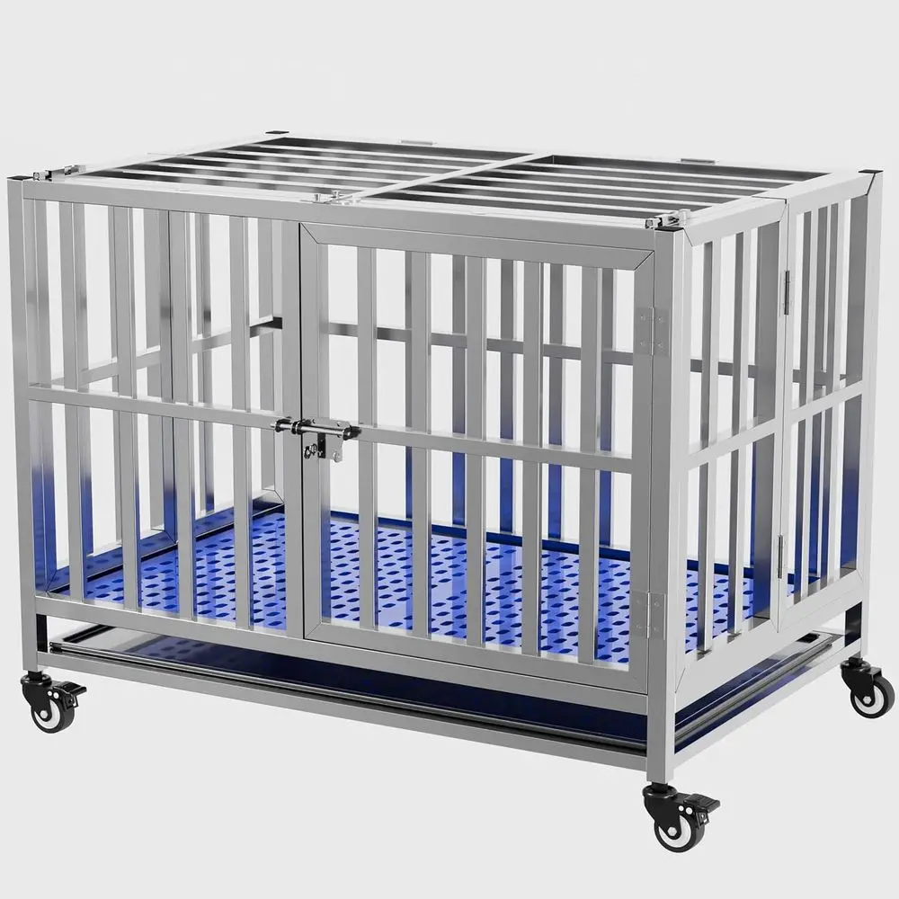 Folding Steel Dog Crate, 30-48 Sizes, Lockable Wheels, Tray Included, Stackable, Heavy-Duty, Divider Panel, Suitable for Indoor