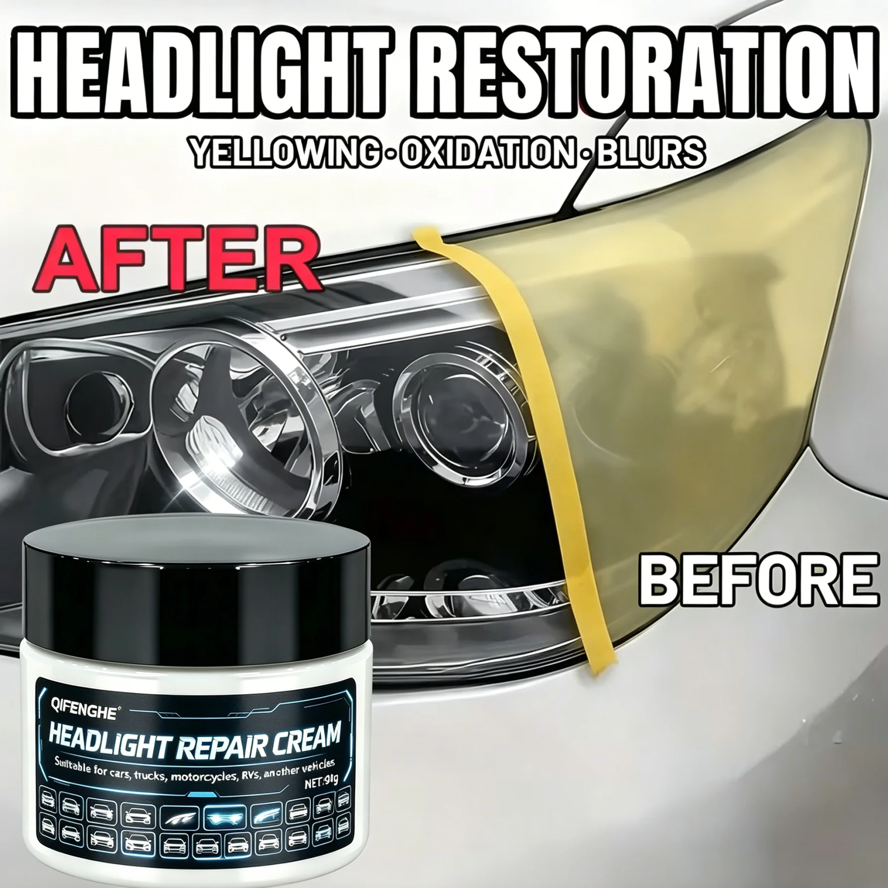 Car Headlight Restoration Cream, Fix Faded Oxidized Lenses, Restore Crystal Clear Shine, Long-Lasting Anti-UV Protection