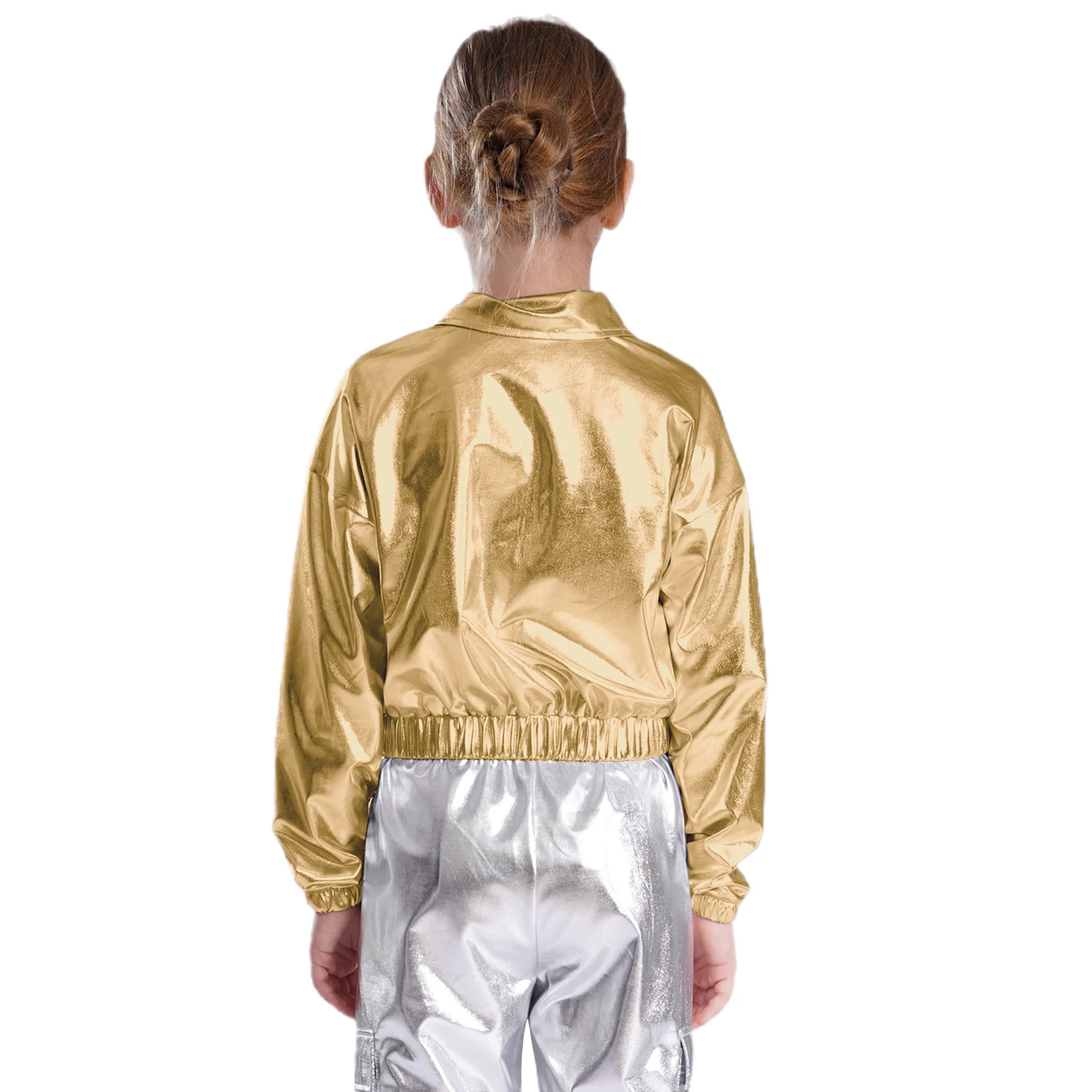 Kids Metallic Shiny Jacket Unisex Boys Girls Turn-Down Collar Long Sleeve Outwear with Flap Pockets for Hip-Hop Jazz Dance