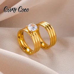 Charm Couple Rings Trend Stainless Steel Jewelry Size 13 14 Wedding Engagement Zircon Rings for Women Men Lover Valentine's Day