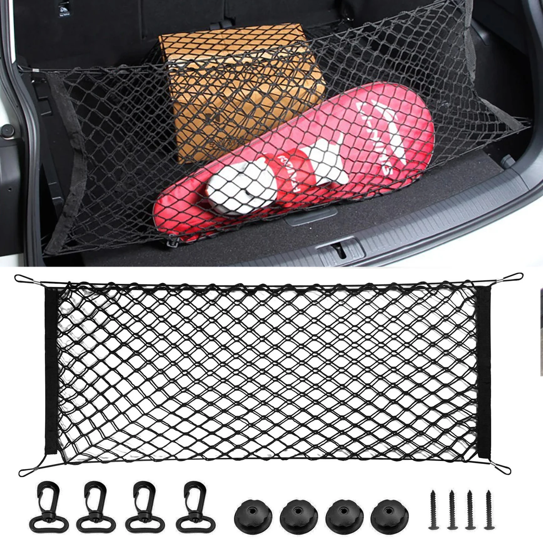 Nylon-Netz Kofferraum-Organizer Elastisches Aufbewahrungsnetz mit 4 Haken 90x30CM/40x110CM Hintere Gepäcktaschen für Fahrzeuge – Detail 1