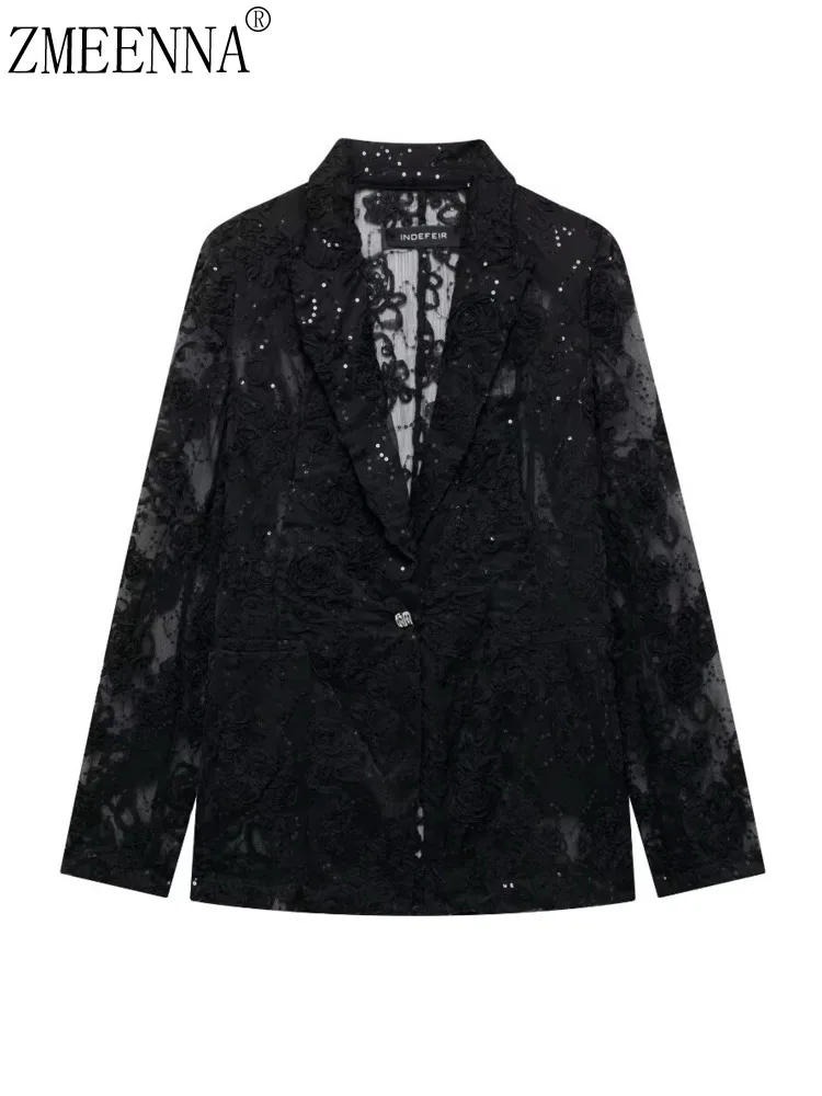 ZMEENNA Sequins Patchwork Single-button Hook Flower Turn-down Collar Women's Blazers 2024 Autumn Winter New ZM326