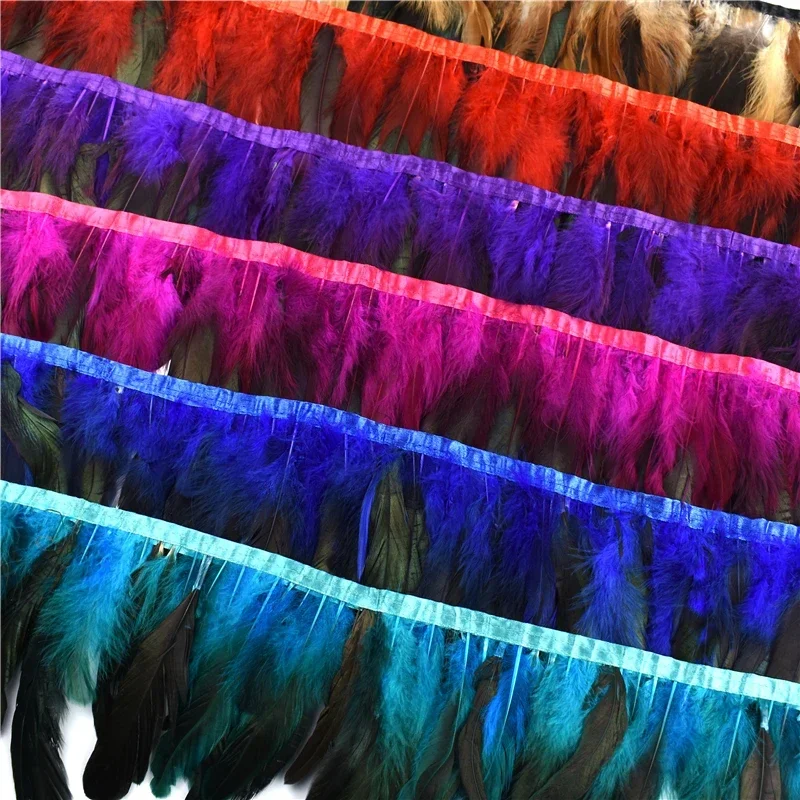 1Meter Rooster Feathers Trim Tassel Fringe on Tape Chicken Pheasant Cock Feather for Clothes Ribbon Sewing DIY Decoration Decor