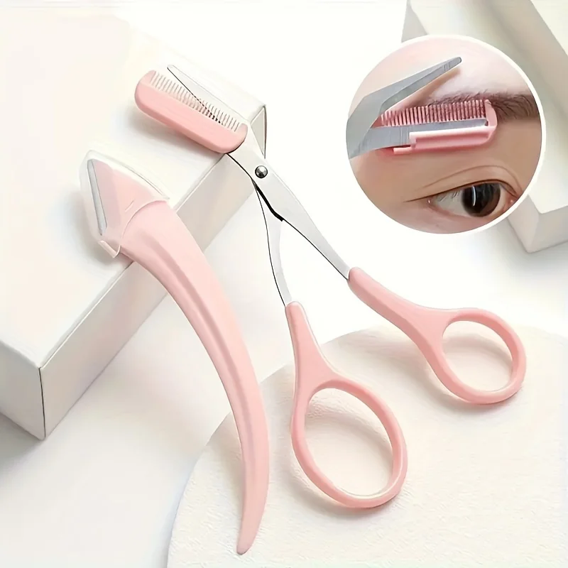 1/2Pcs PCrescent Moon Eyebrow Trimmer Set, Stainless Steel Curved Eyebrow Razor Eyebrow Scissors With Comb