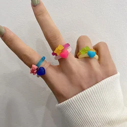KADRUFI Y2K 2Pcs Resin Heart Pink Bear Rings Set for Women Korean Fashion Kpop Cute INS 2023 Finger Ring Jewelry Friends Gift