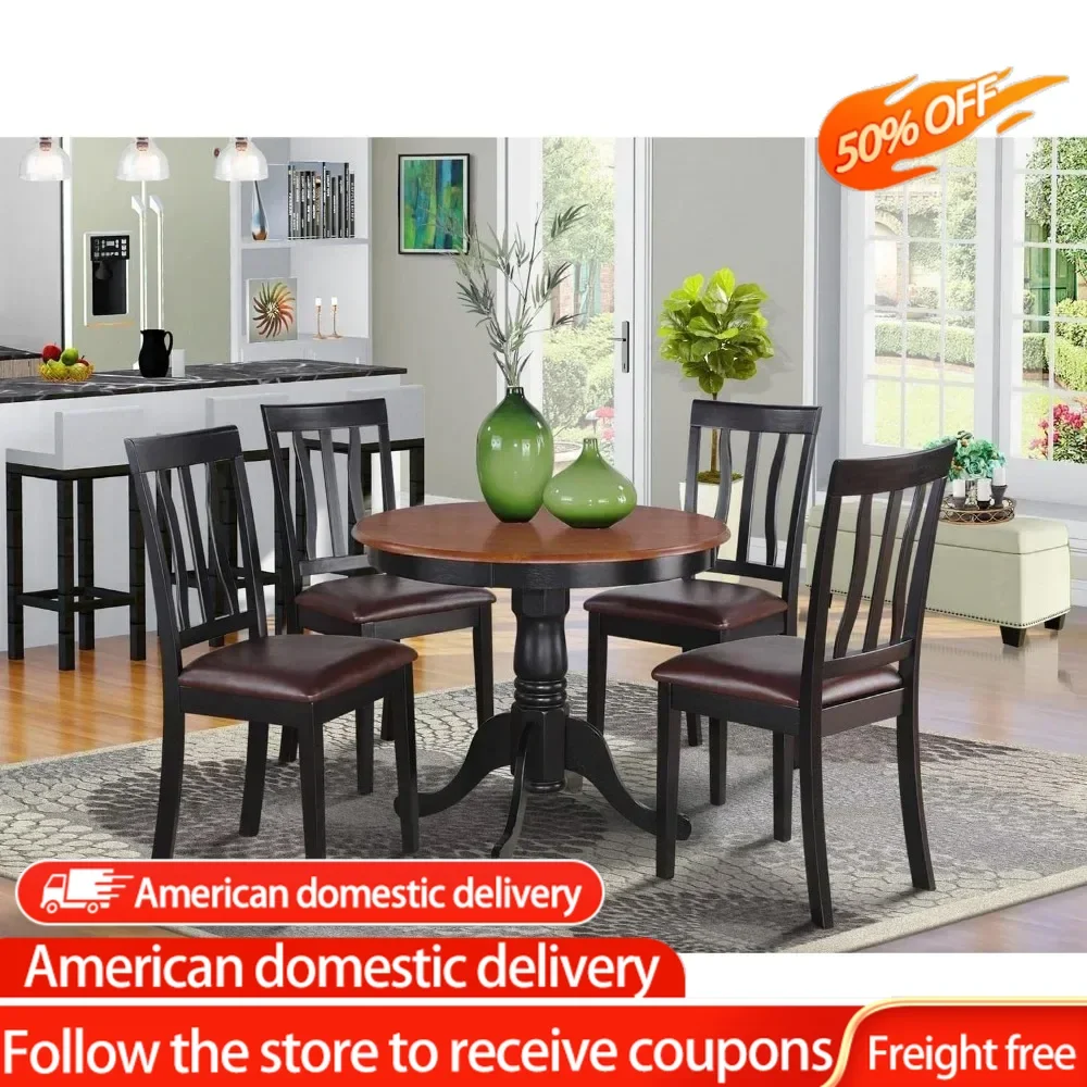 Antique 5 Piece Dining Set for 4 Includes a Round Kitchen Table with Pedestal and 4 Faux Leather Upholstered Dinette Chairs