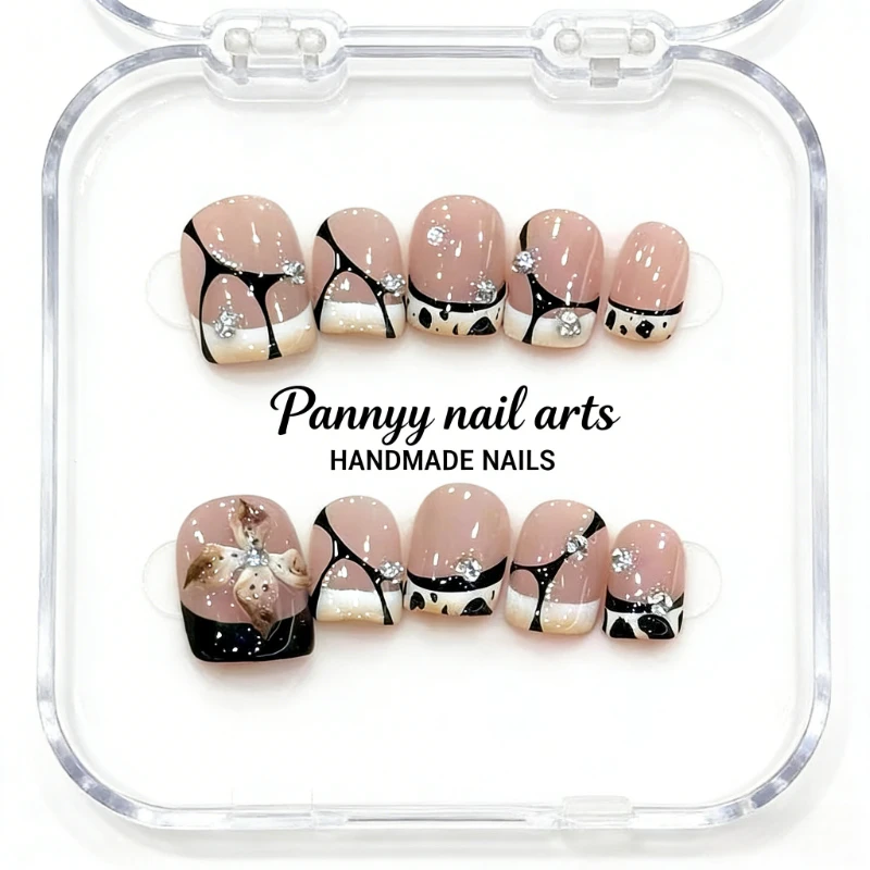 

10Pcs Short Square Handmade Press on Nails Nude French Tip with Cow Print & Rhinestone Decor Acrylic False Nails for Daily
