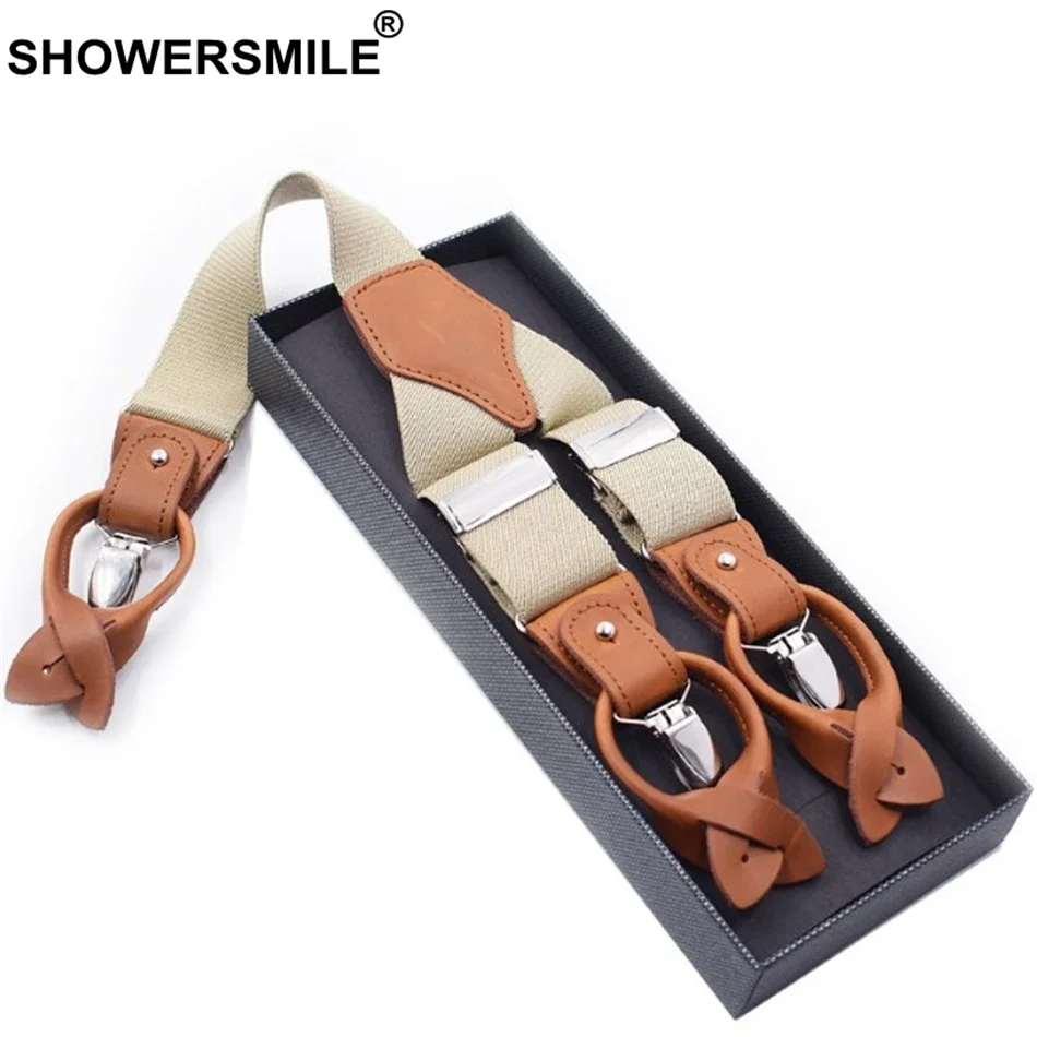 SHOWERSMILE Beige Men Suspenders 6 Clips Button Two-use Solid Black Shirt Braces Leather Elastic Male Wide Suspenders Long 125cm