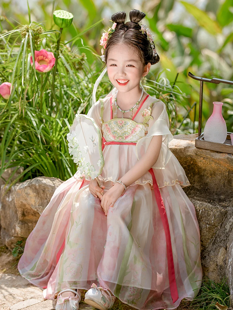 Hanfu ชุดเดรสฤดูร้อนของเด็กผู้หญิงใหม่2024สไตล์โบราณกระโปรงปักสไตล์เด็กผู้หญิงตัวเล็กชุดจีนสไตล์จีน