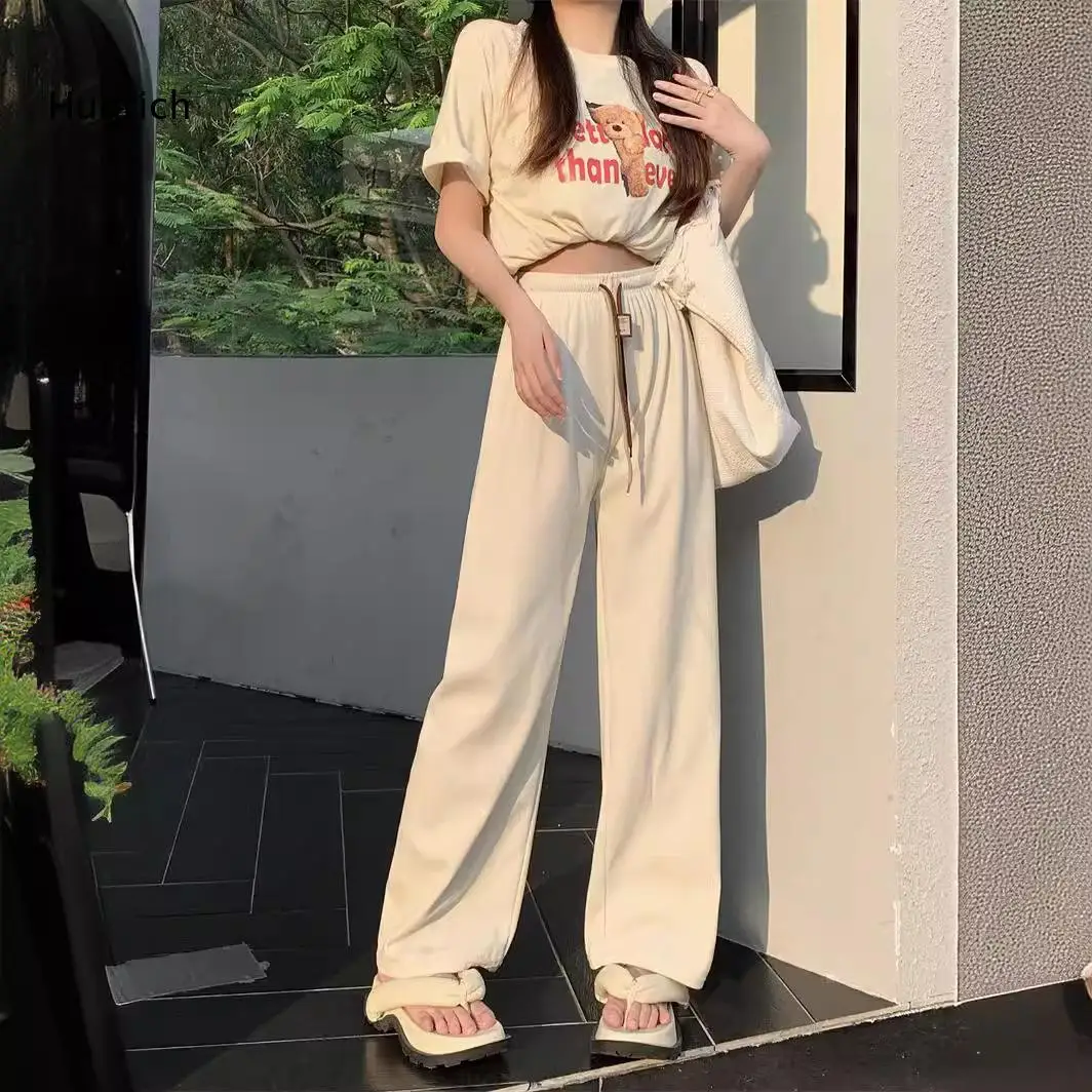 Loose Relaxed Fit Wide Leg Straight Trousers Women Soft Fabric Drawstring Elastic Waist Casual Bottoms For Multiple Daily Looks