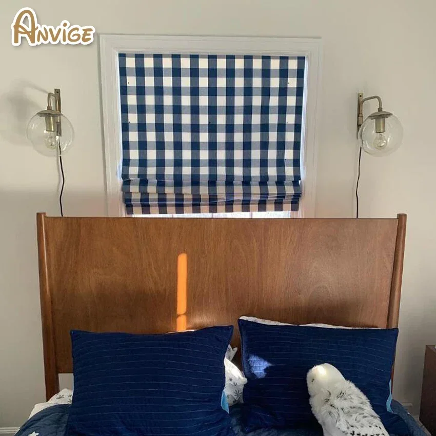 

Modern Blue Plaid Full Blackout/Light Filter Roman Shades ,Easy Install Washable Curtains Window Blinds Roller Blinds