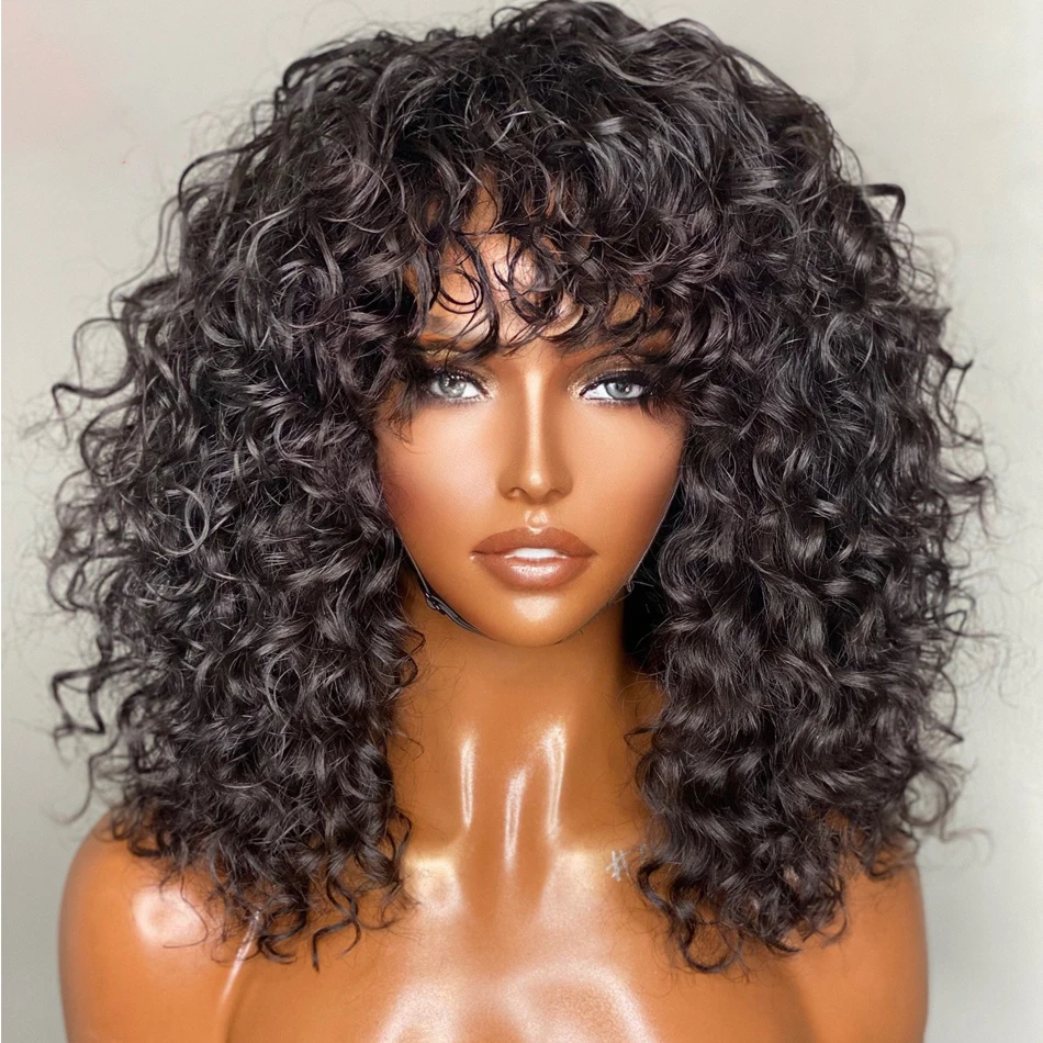 180Density 26“ Long Soft Glueless Natrual Black Kinky Curly Machine Wig with Bangs For Women BabyHair Preplucked Heat Resistant