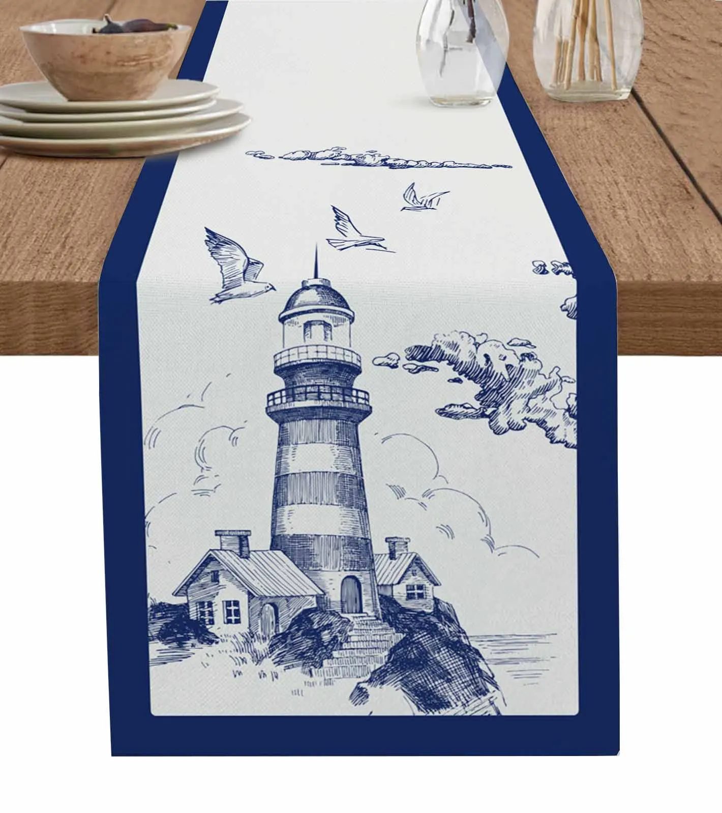 Blue Border Lighthouse Navigation Table Runner Wedding Coffee Table Cover Decor Kitchen Dining Table Cloth Placemats