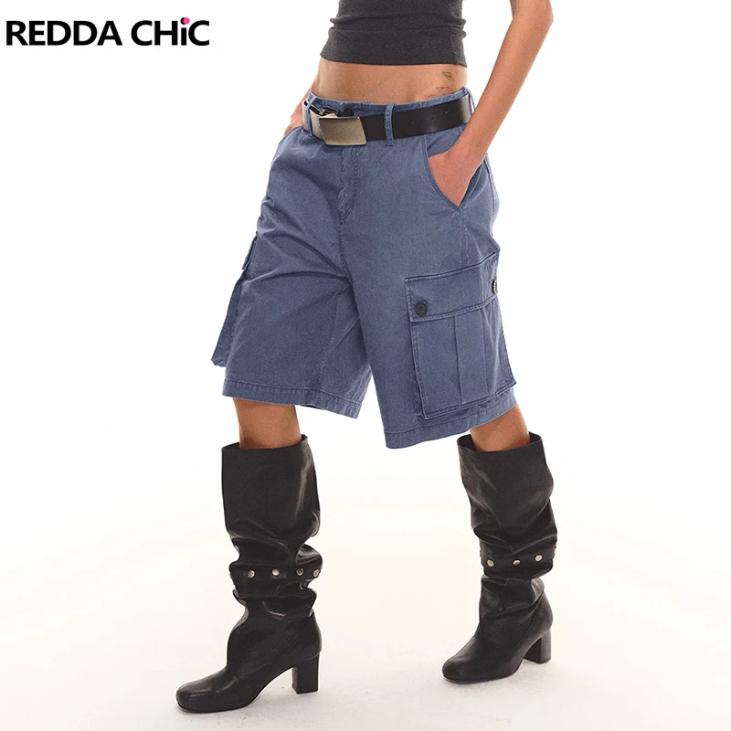 REDDACHiC Pantalones Cortos Cargo Vaqueros para Mujer, Estilo Vintage, Lisos, Multibolsillos, de Tiro Bajo, Pierna Ancha, Holgados, Tipo Bermuda, para Salir, Estilo Urbano
