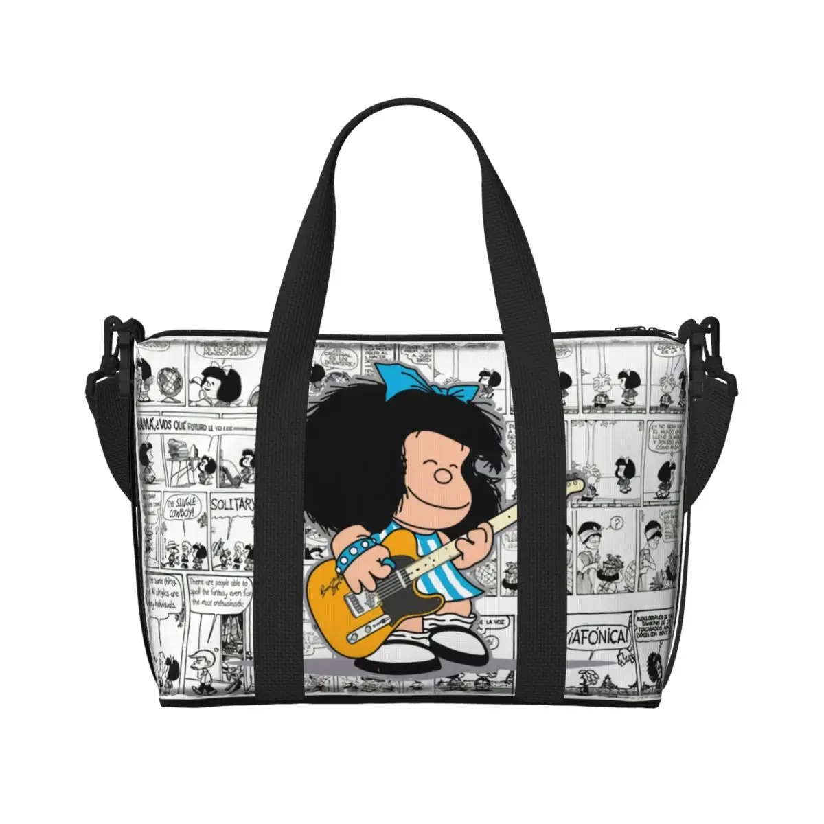 Custom Kawaii Cartoon Anime Plaid Mafalda Beach Tote Bag for Women Extra Large Gym Carry On Quino Travel Shopping Bags