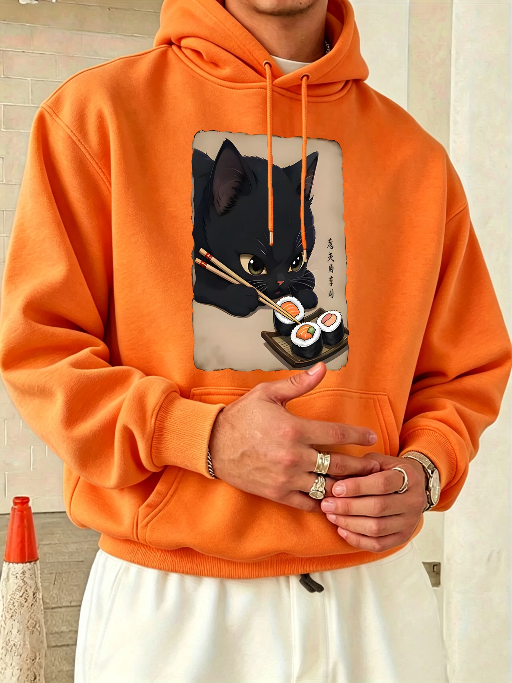 Cute Cat Enjoying Sushi Print Unisex Autumn Comfy Sweatshirts Fleece Sport Long Sleeved Street Hoodie Warm Soft Streetwear