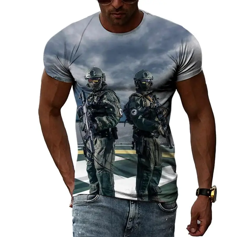 Summer Leisure Field Fighting Sniper Pattern Men\'s T-shirt Hip Hop 3D Print Personality Rod Neck Short Sleeve Tops Fashion Clot