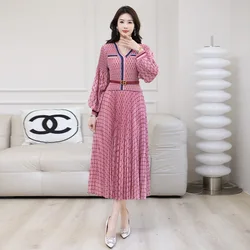 Pleated French Retro Fake Two-Piece Dress Early Spring Elegant V-neck Socialite Waist-Tight Lantern-Sleeved Dress [D008]