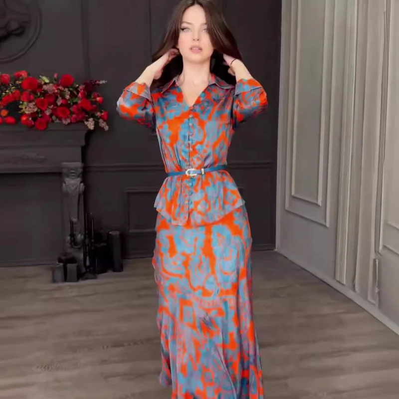 

Summer European American Printed Design Slim Retro Skirt Set New Fashion Women's Clothing