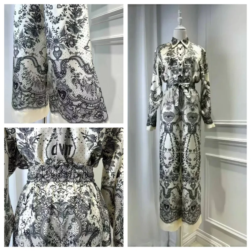 

Vintage Print Design Turn-Down Collar Single-Breasted Top Elastic Waist Long Pants Two-Piece Women's Set