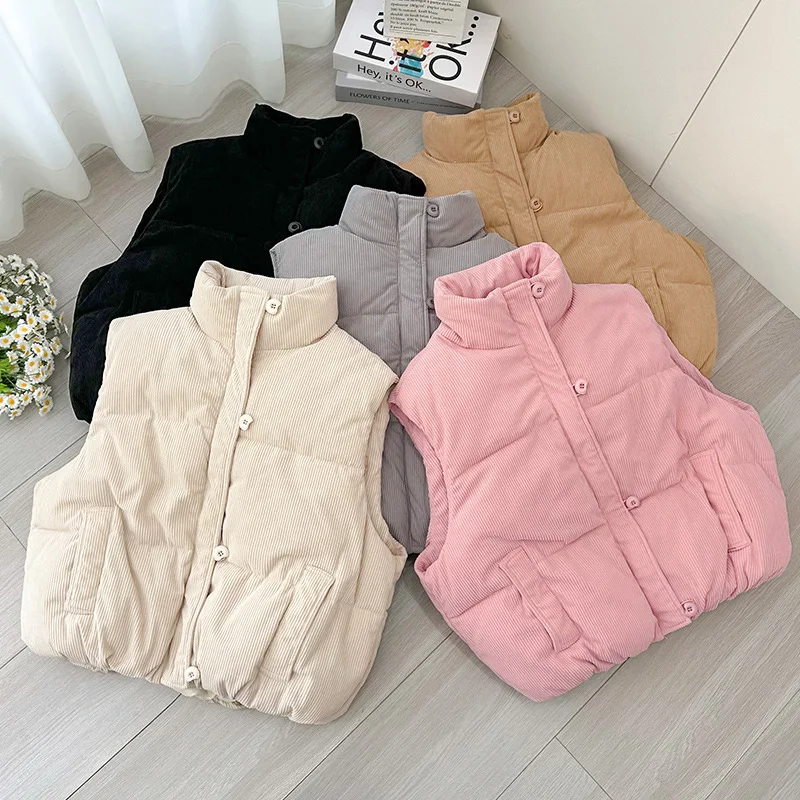 

Autumn Winter Sleeveless Vest Jacket Women Stand Collar Down Cotton Vest Coat Corduroy Puffer Waistcoat Outwear