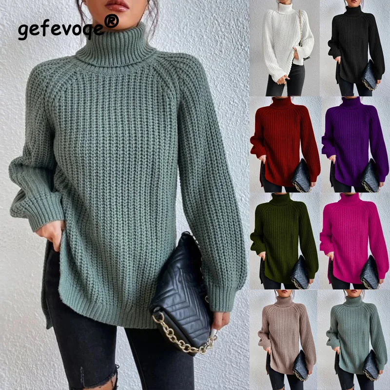 2023 Autumn and Winter Women\'s Wear New Fashion Solid Color Knitwear Medium Long Raglan Sleeve High Turnover Split Sweater Dress