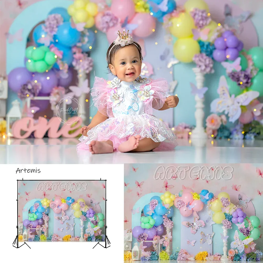 

Photography Background Pink Blue Flowers Balloons Butterfly Cute Girls Birthday Party Cake Smash Decor Backdrop Photo Studio