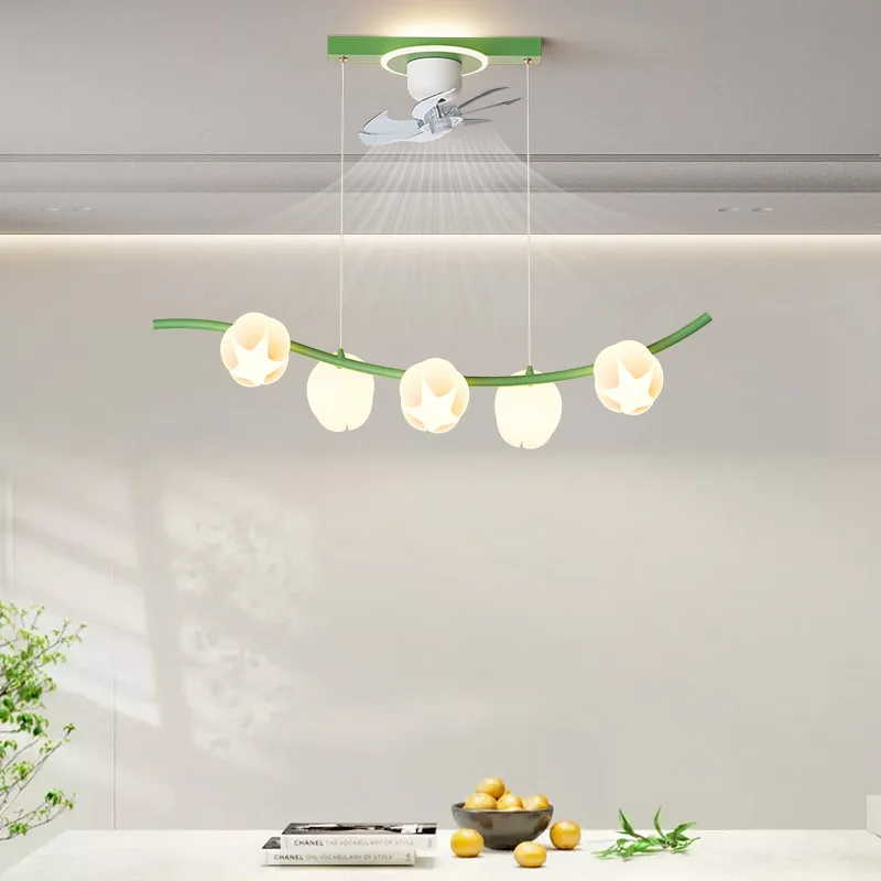 

Restaurant pendant light, French cream style romantic countryside flower fan light, home warm intelligent shaking bar light 48W