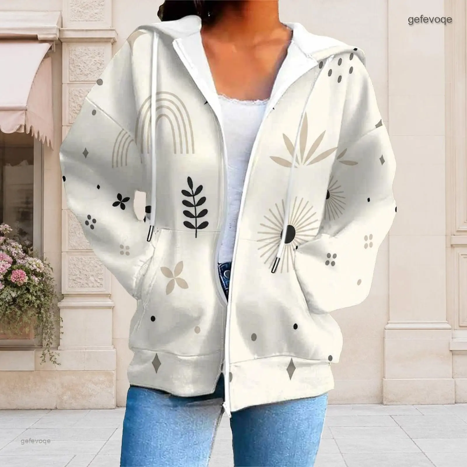 Women Abstract Geometric Printed Long Sleeve Zip Up Hoodie with Pockets