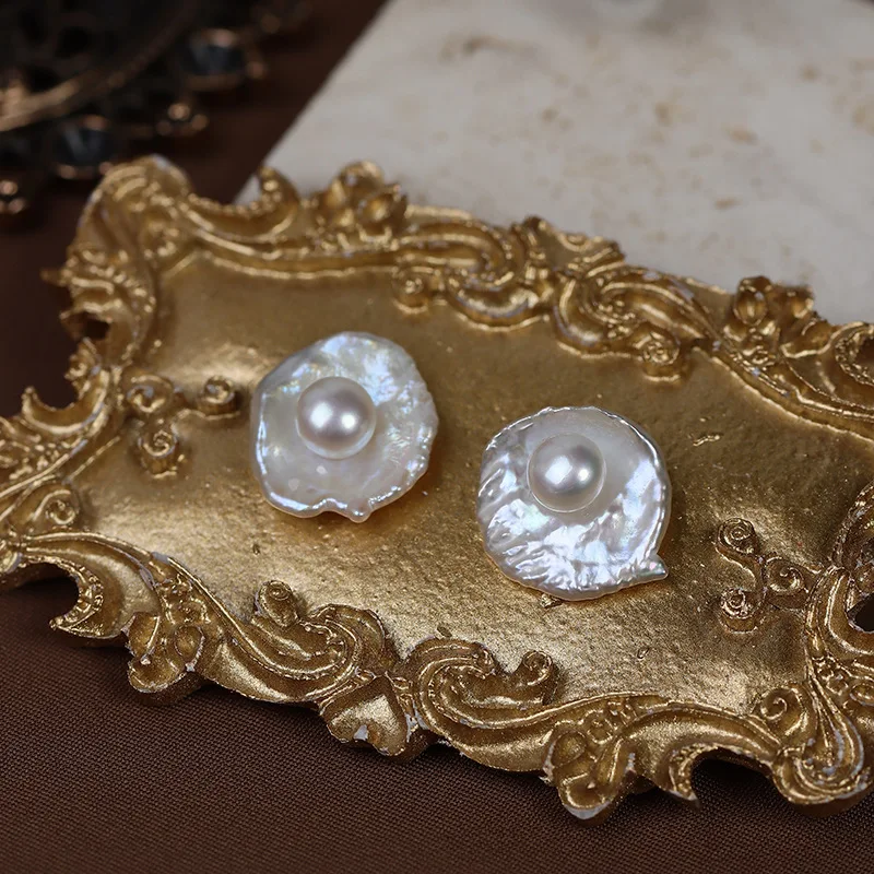Poached egg natural pearl earrings petal French retro original design 925 silver needle