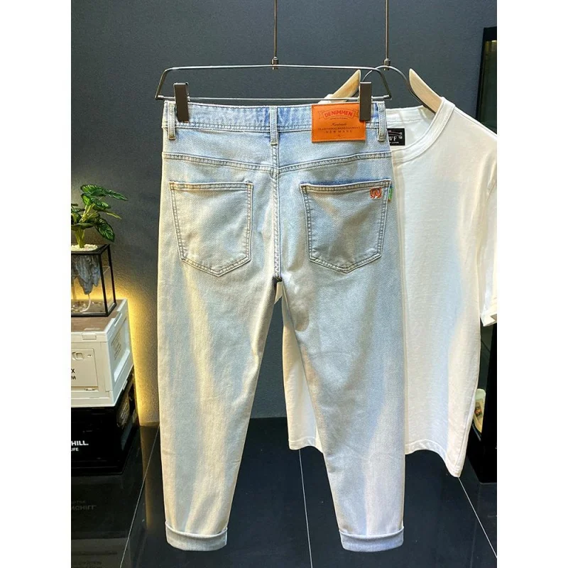 Summer Thin Cool Pants For Men'S American Casual Slim Fit Straight Tube Light Blue Washed Cotton Versatile Denim