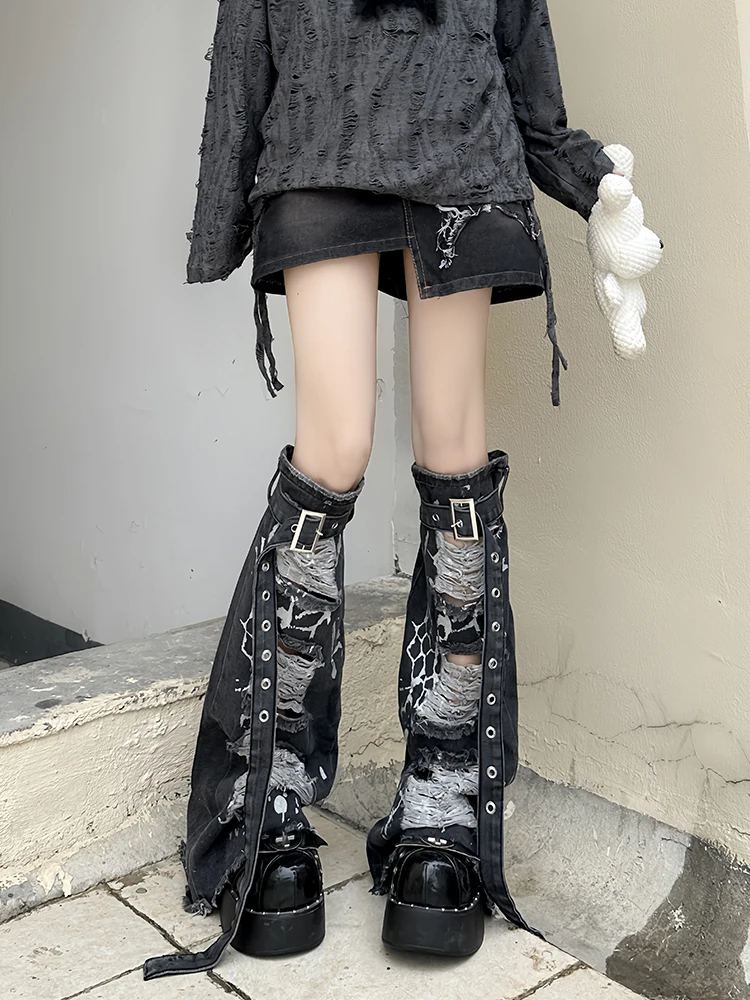 REDDACHiC Retro Gray Destroyed Leg Warmers Women Belted Frayed Silver Glitter Knee Long Denim Boots Cover Lolita Gothic Clothes