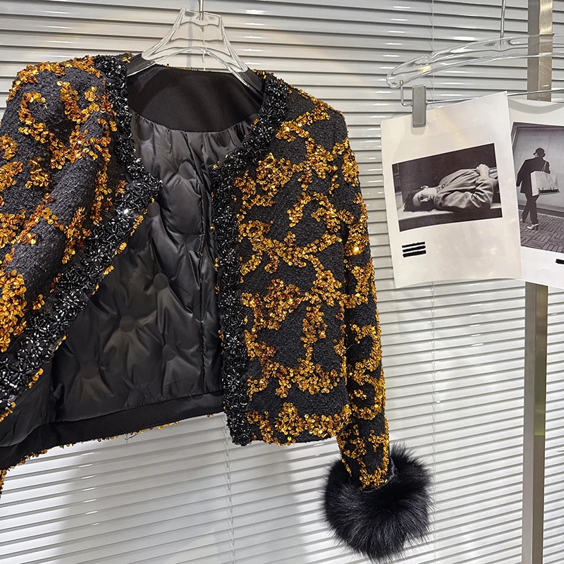 2025 Winter New Gold Bead Embroidered Nail Beaded Down Lining Jacket Women's High end Light Luxury Color Blocking Coat